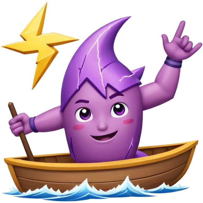 a buff purple anthropamorphic lightning bolt sailing away on a boat emoji