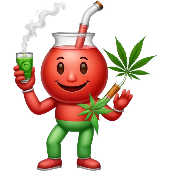 Kool-Aid Man character with legs smoking a bong with cannabis leaf nearby emoji