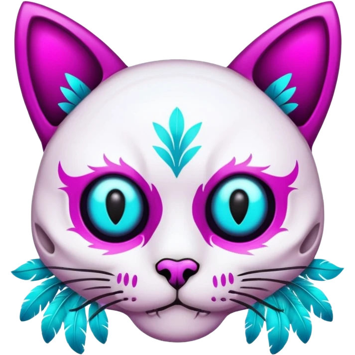 Glittery magenta hollow-eyes cat-skull with cyan feathers emoji