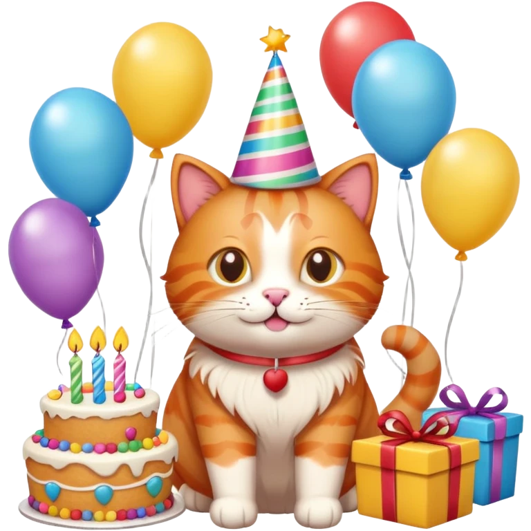 Ginger cat celebrates birthday, birthday hat, birthday cake, balloons, happy, gifts emoji