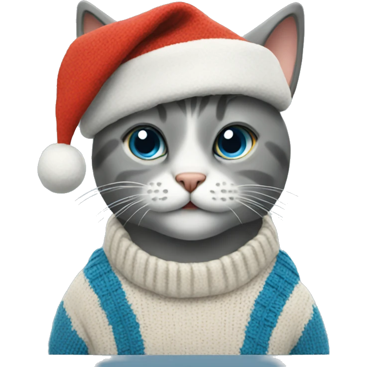 Cat with blue sweater and a Christmas hat emoji