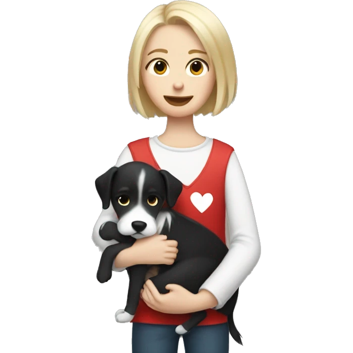 Tom boy with short blonde hair hugging a black and white dog with long hair, red heart  emoji