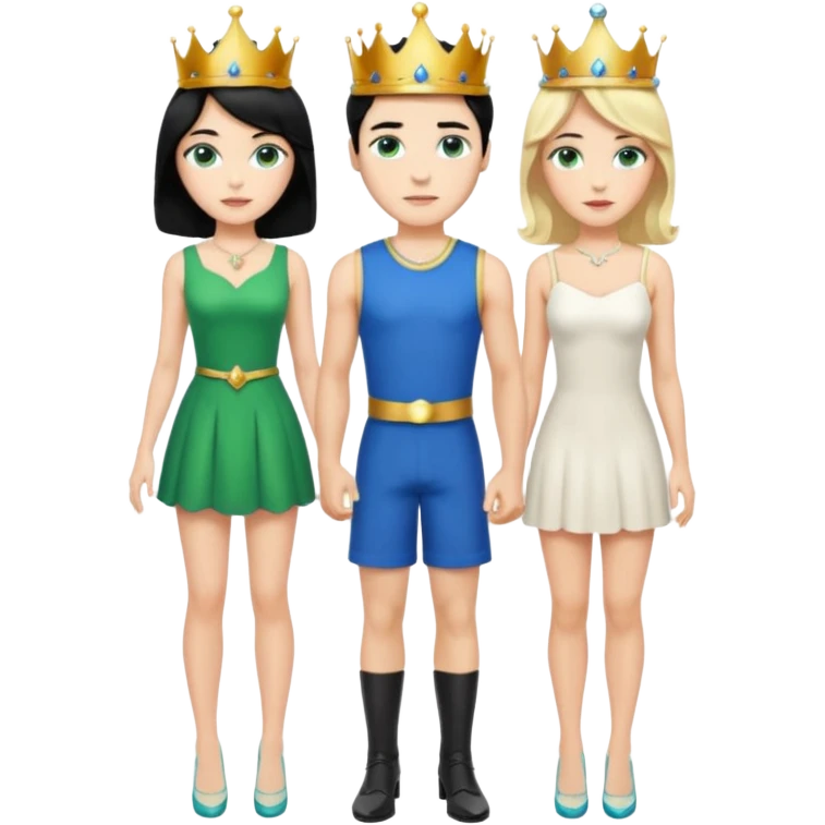 Prince with crown, black hair, body, legst, blue eyes, woman blonde hair, green eyes, sexy white short sleveless dress, shoes emoji