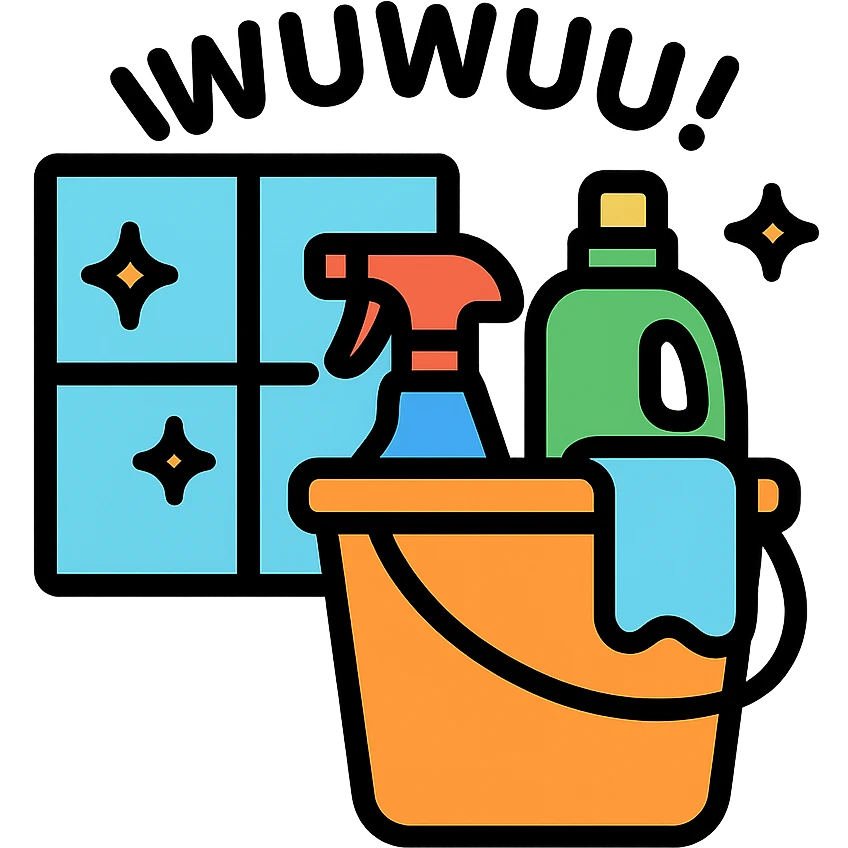 bucket with cleaning supplies next to a window, sparkling clean, playful 'wuuwuus' text, cheerful and tidy emoji