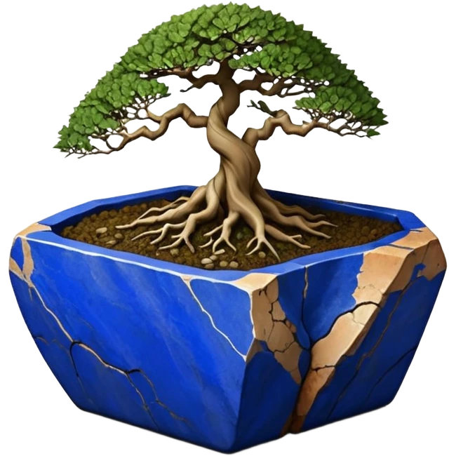 Aged two toned lapis blue terracotta Roots Stoneware akadama moss on soil irregular angular Stone Age rocks cracked crags and broken rough edges forming a very shallow Yixing bonsai pot emoji