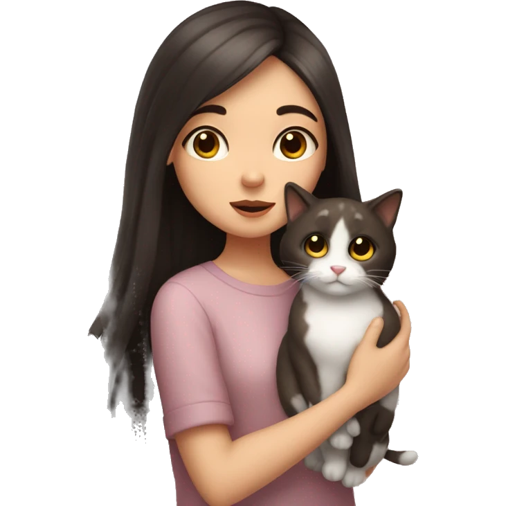 A pale girl with dark brown hair and dark brown eyes kisses a cat in her hands emoji