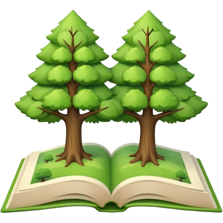 A 3D cartoon open book showing illustrations of two trees—one green and one dry—clean background, soft shadows, realistic Memoji-style look. emoji