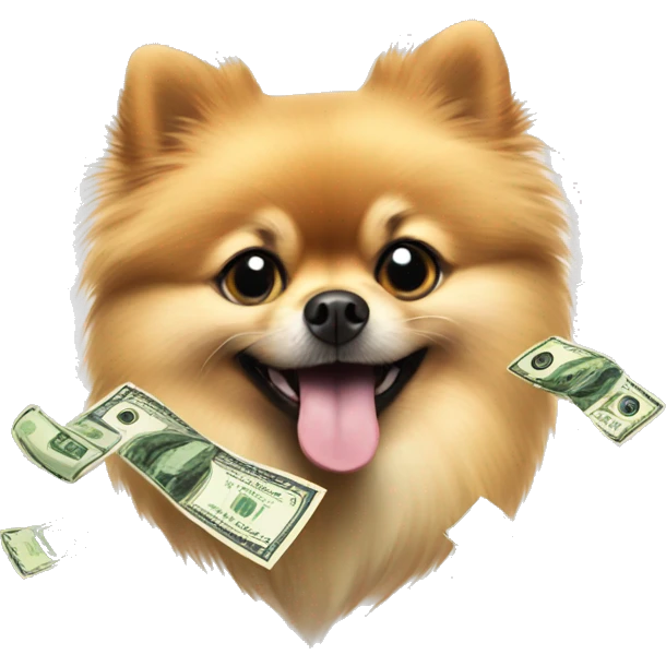 Pomeranian with money raining emoji