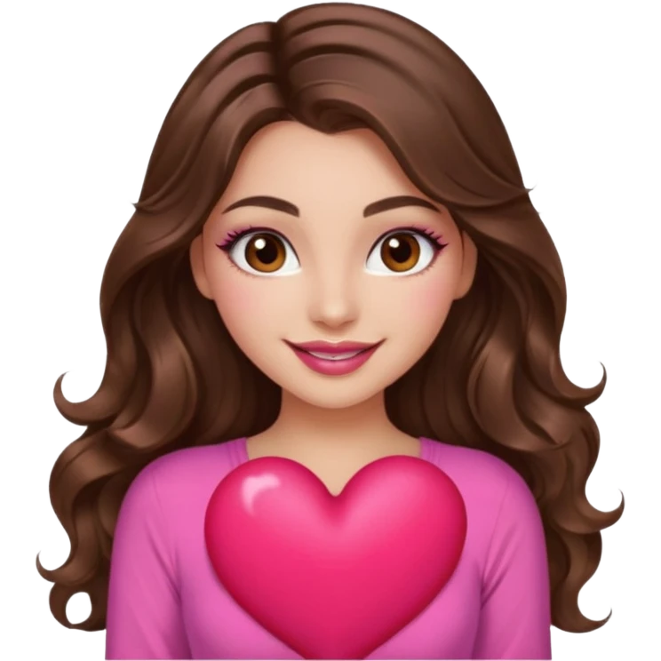 girl with long wavy brown hair, brown eyes, long lashes makeup, sexy pink lips, light to medium complexion, wearing a pink sexy top, smiling, holding a big heart emoji