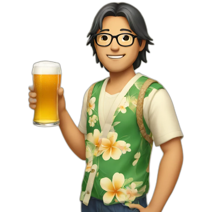Japanese wearing roundglasses alohashirt is holding beer emoji