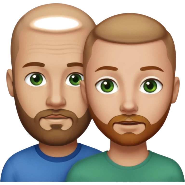 Man on left with shaved head with dark blonde beard and blue eyes and woman on the right with brown hair green eyes  emoji