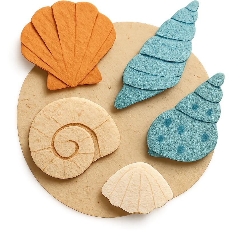 collection of different sea shells, arranged on a sandy background emoji