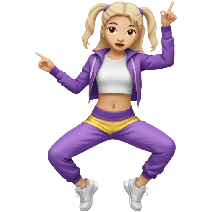 Una chica con vestuario de bailarina urbana con las piernas flexionadas, el dedo índice en la boca, el tren superior inclinado hacia la izquierda y con la cadera proyectada hacia la izquierda emoji
