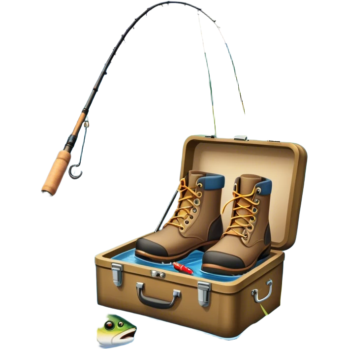Icon for Fishing Travel: a fishing rod, tackle box, boots, and a boat by a serene lake, with fish jumping out of the water and surrounded by lush nature. The icon should capture the peaceful and adventurous spirit of fishing trips. Transparent background. emoji