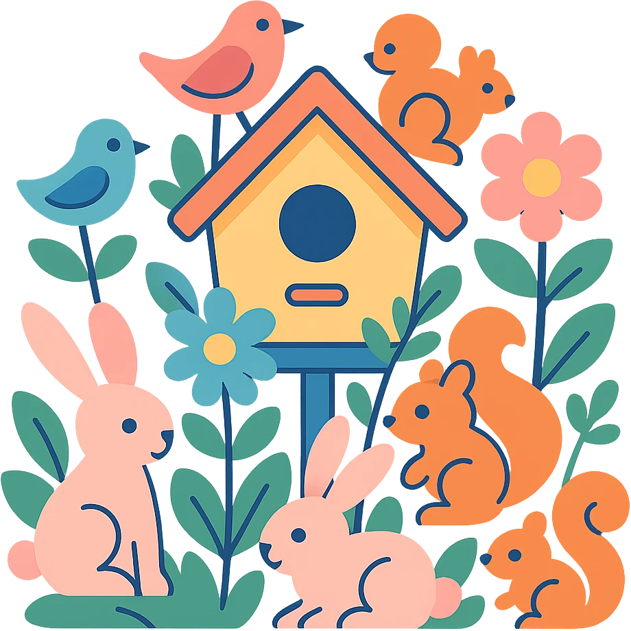 birdhouse with flowers and forest creatures including bunnies, birds, squirrels, soft pastel colors, transparent background emoji