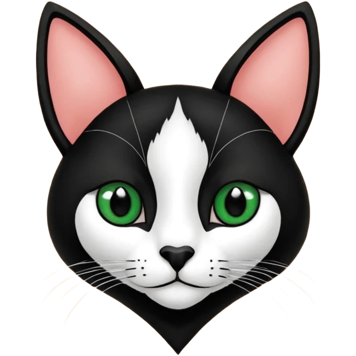 Haz una gata de ojos verdes la cara blanca con mancha negra en las orejas que agarra parte de la frente del lado der pero del iz va desde el ojo hasta la oreja la mancha, tiene la nariz negra en forma de corazón y todo lo que sobra de la cara, barbilla la nariz arriba y el lado de bigotes es blanca emoji
