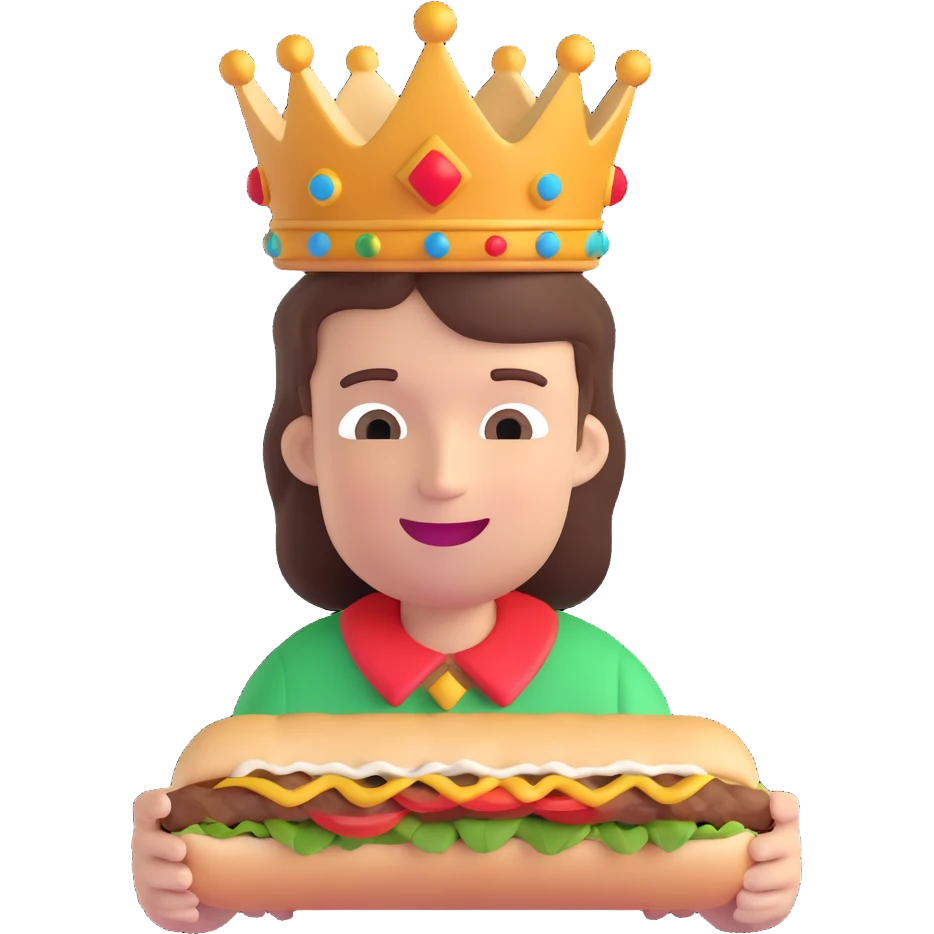 half-body person wearing a crown, happily eating a big tasty döner kebab, looking happy and relaxed, simple colorful playful emoji style emoji
