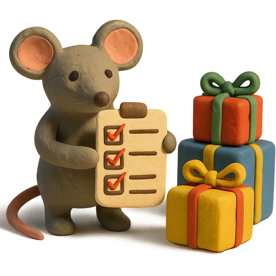 mouse with checklist and mini presents in claymation style emoji