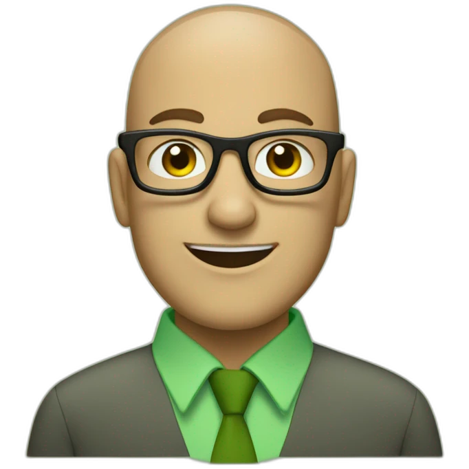 smiling jewish man with shaved head in rectangular black glasses and green button up shirt emoji