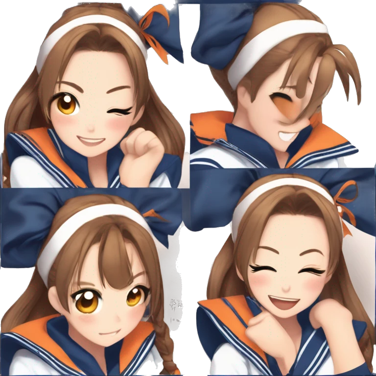 a woman in a sailor outfit blue orange, brown hair in a ponytail, charming sly smile, half body, hair tied in a ponytail, orange shoulder  pads, blue and orange, trending on pixiv, ponytail hair, the hime cut emoji