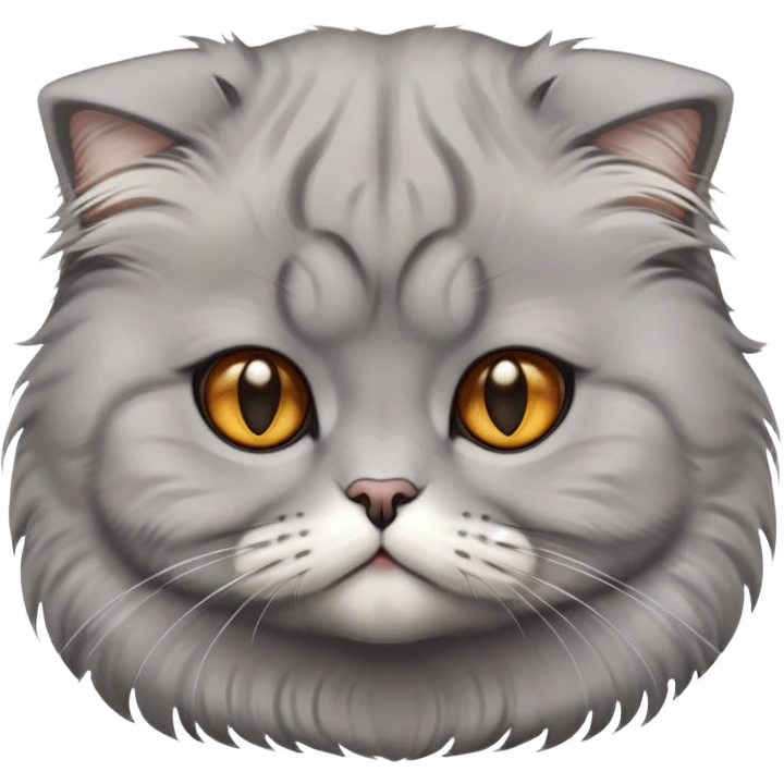 Cinematic-Fluffy-Grey-Scottish-Fold-Cat-Portrait-Emoji – Head tilted cutely with big, sparkling amber eyes, soft solid grey fur, and signature small folded ears pressed gently against its round head, simplified yet irresistibly adorable features, highly detailed, glowing with a soft and warm charm. emoji