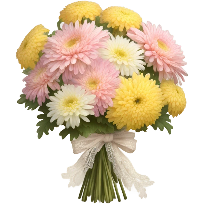 A vintage-style bouquet of chrysanthemums with a lace ribbon and a flickering candle
 emoji