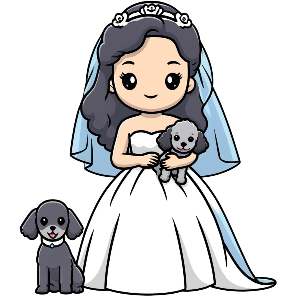 A beautiful girl with long black hair in a wedding dress holds a small gray poodle emoji