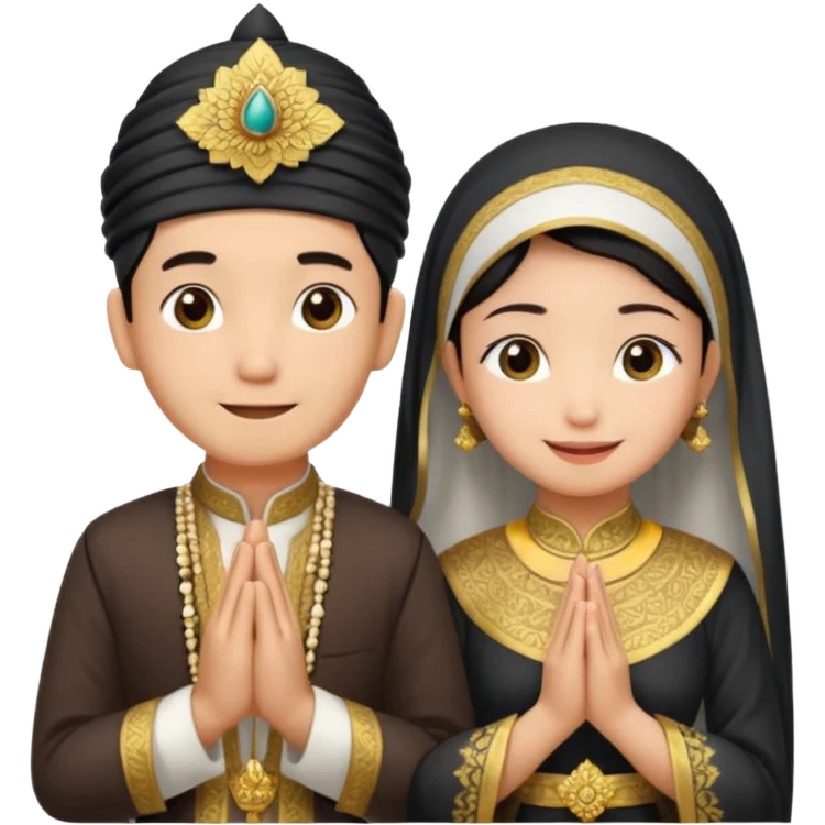 javanese person with shy smile (male) with blangkon hat and prayer hand, and also a javanese bride with sanggul and a shy smile emoji