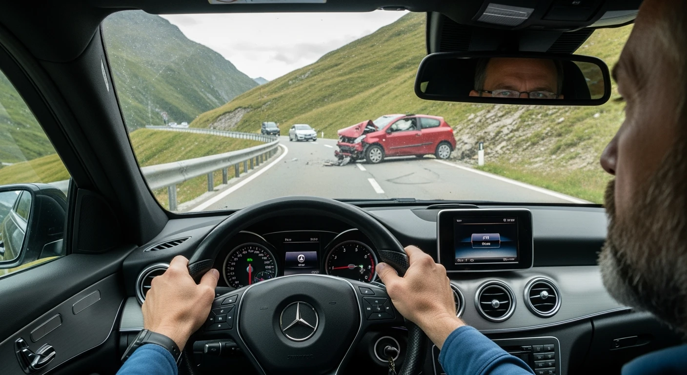 Realistic camshot pov car (hands holding mercedes car wheel) switzerland road with car crash emoji