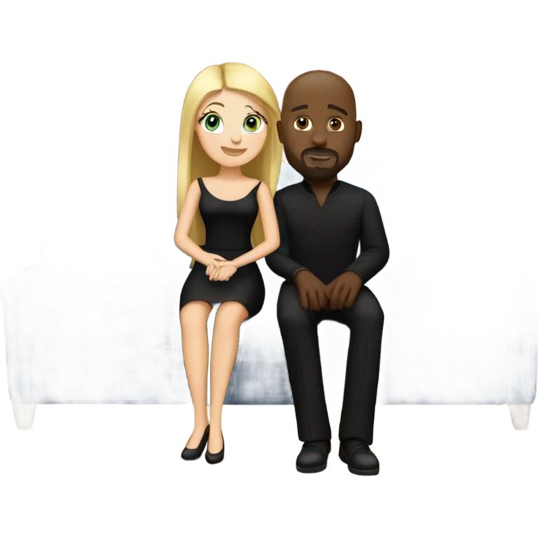 Blonde woman with blue eyes and long straight hair wearing a short black dress and a black man who is bald with a goatee seated together on a sofa enjoying a loving kiss.   emoji