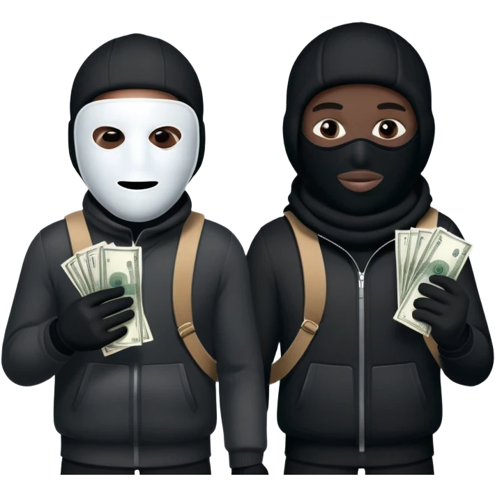 Two men one with white skin color and the other black skin color and both wearing black Ski masks holding money bag emoji