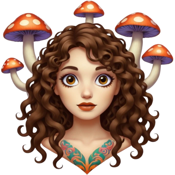woman with long curly brown hair, brown eyes, white skin, tattoos, psychedelic mushrooms growing from her shadow emoji