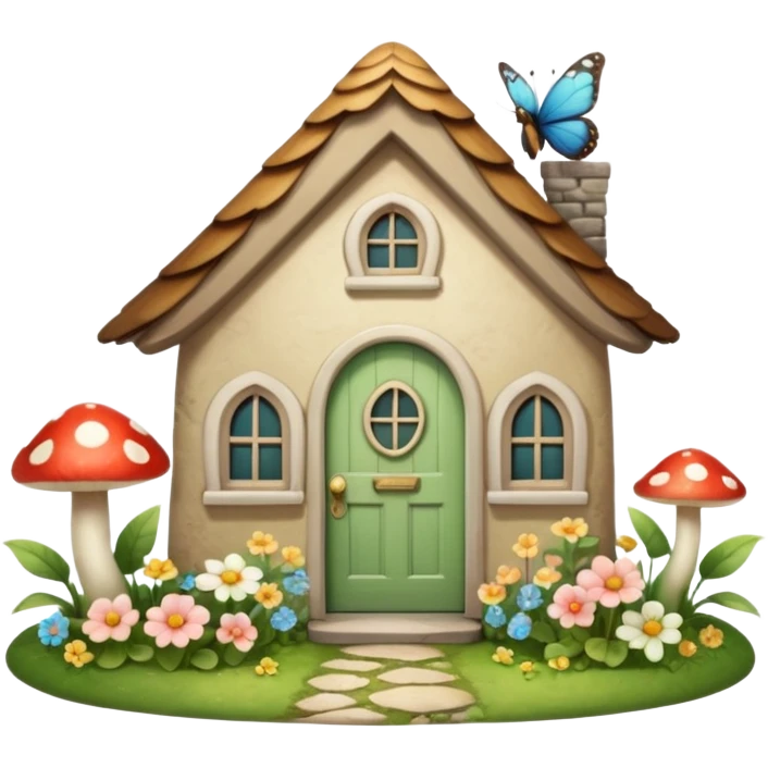 Cottagecore style, highly realistic, whimsical cute, vintage vibe, small cottage with a little garden in front with flowers, a mushroom, green frog and butterlies, with a vintage pale front door. Still life design. emoji