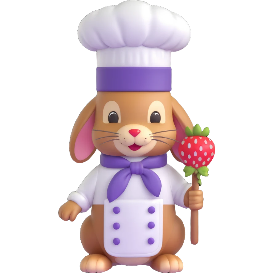 A 3D iOS 18-style bunny wearing a purple chef hat with white polka dots and a red strawberry. The bunny should have a light brown fur texture with darker brown ears and a cute, friendly expression. emoji