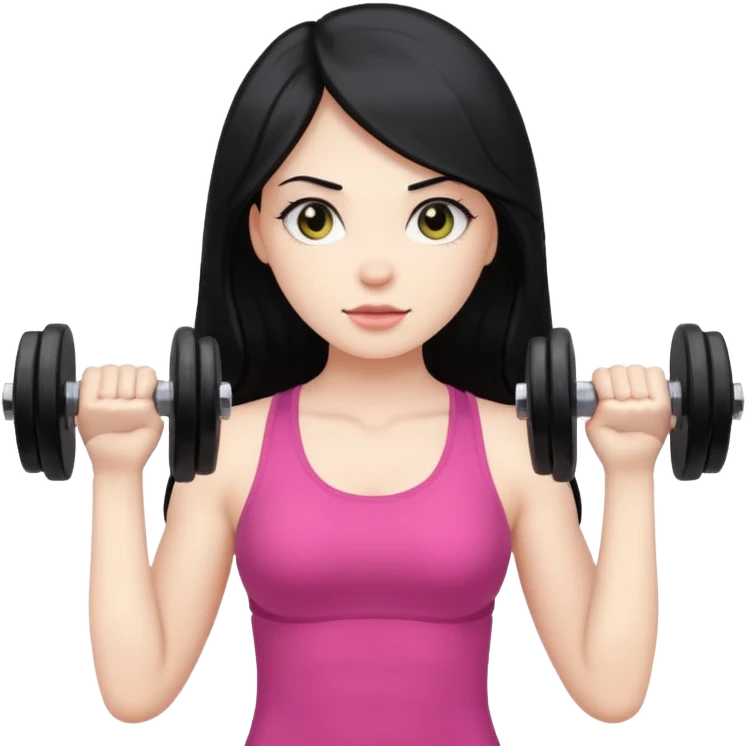 Pale girl with long black hair using dumbbells emoji