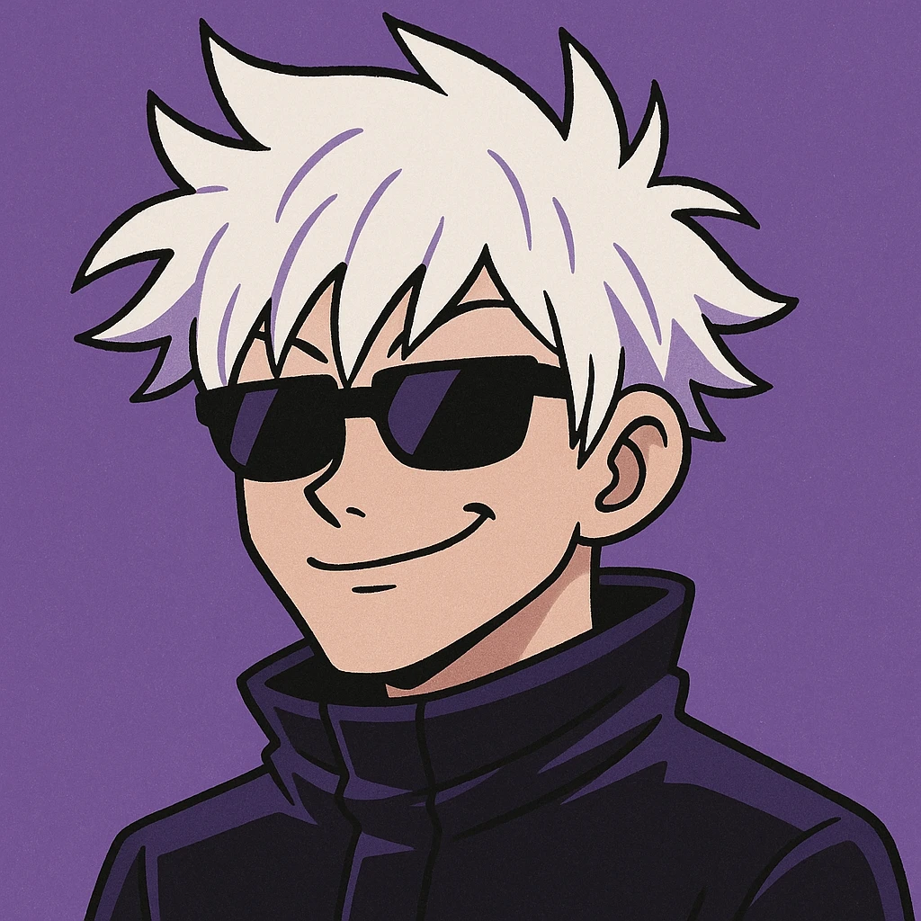 Gojo Satoru, stylized cartoon, white hair, sunglasses, smirking, purple background emoji
