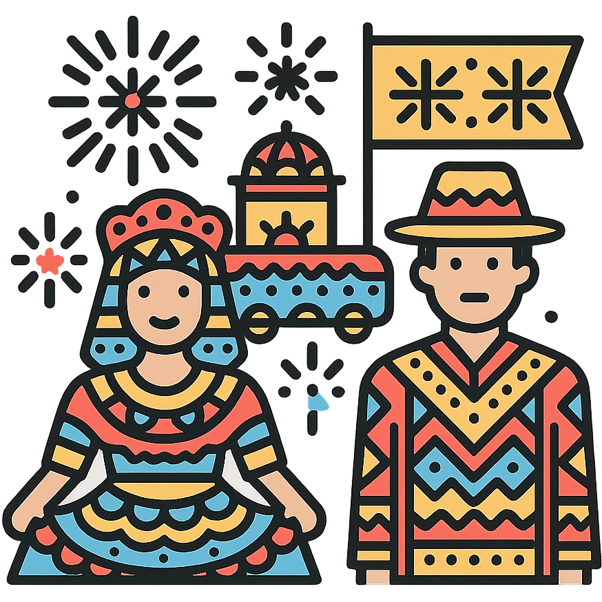 A detailed festival illustration with intricate patterns, traditional costumes, and a parade emoji