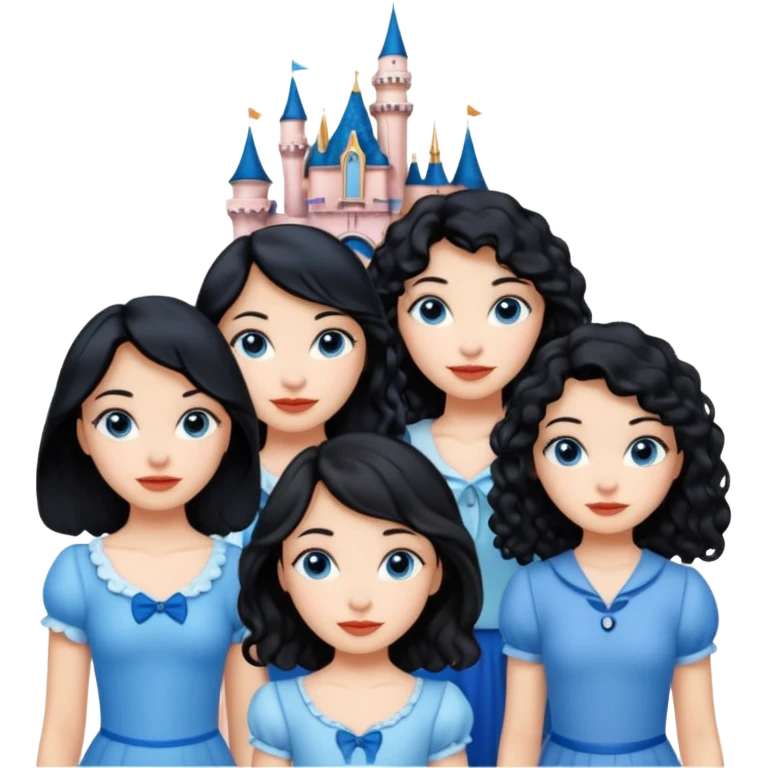 escribe el nombre Disneyland Paris y para titulo, pon a quatro chicas: una pelo corto negro, una pelo rizado largo, una pelo largo liso y la otra pelo ondulado mediano, esta con el ojos azules. Todas tienen piel carne y pon las chicas por los sitios después del nombre emoji