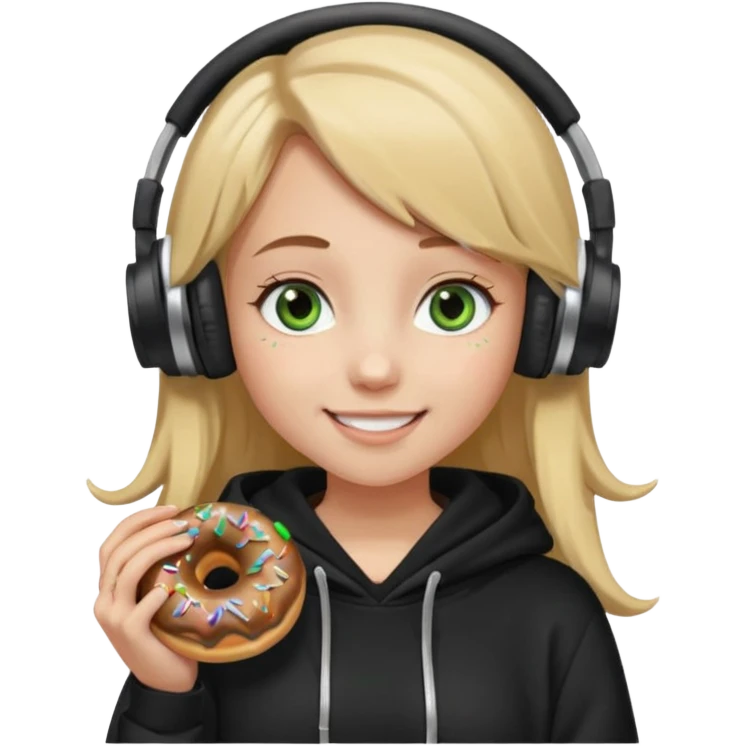 a girl with long brown hair blonde ends green and wearing black headphones she is wearing a cream coulor baggy hoddie she is happyish holding a donut emoji