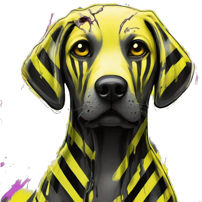 .Zombie_ Vaporwave black holographic oilslick zombie yellow Labrador zombie dog yellow caution tape graffiti stripes yellow and black stripes emoji