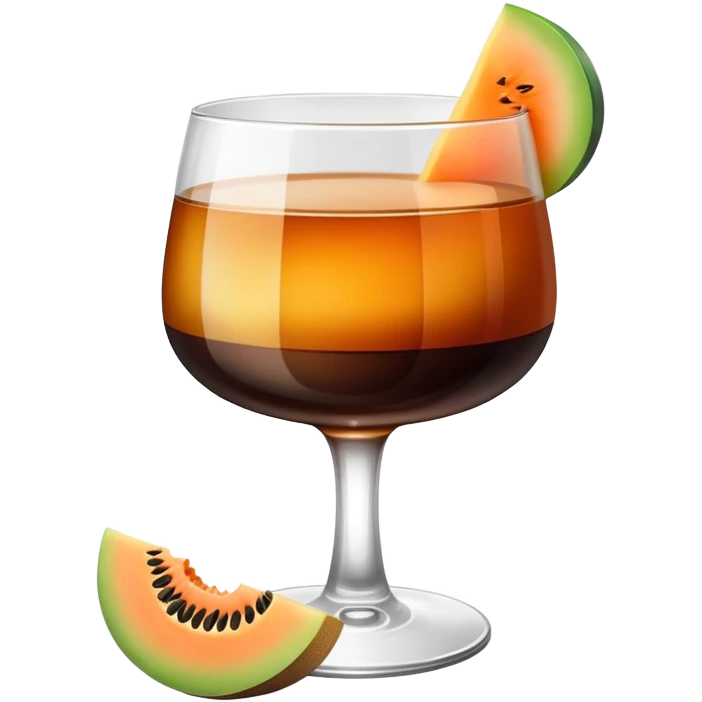 small clear glass with layered carajillo drink - amber liquor on bottom, dark coffee on top, with a slice of cantaloupe melon on the side emoji