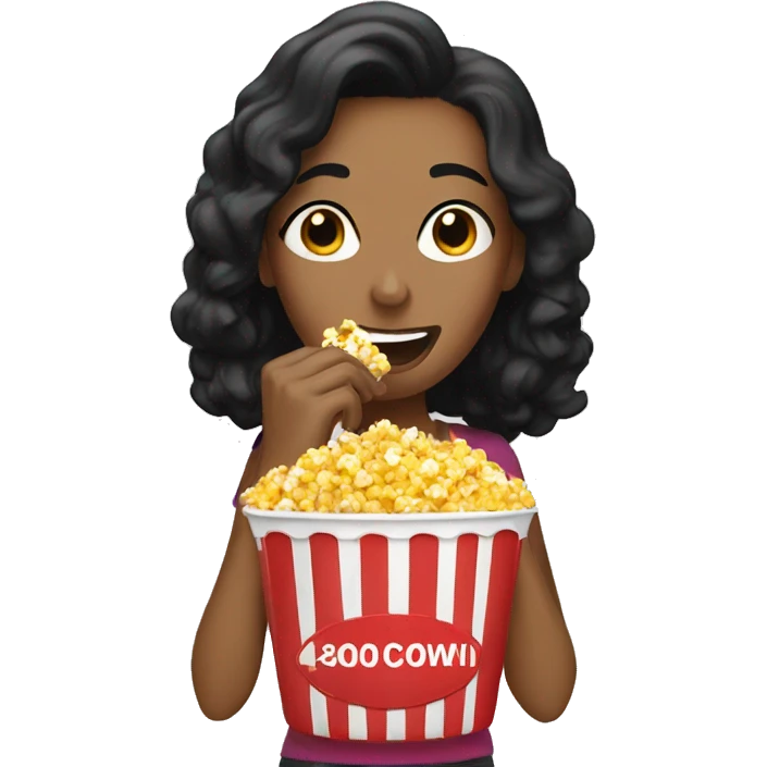 Woman with black hair putting pop corn in her mouth  emoji
