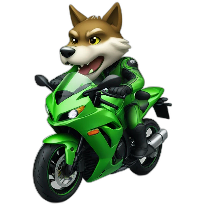 Wolf driving green motorcycle Kawasaki Ninja emoji