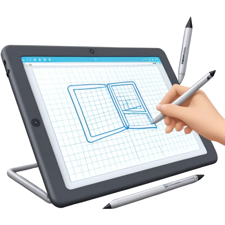 Create an emoji for 3D visualization and modeling. Show wireframe model that pops out from the screen of a large graphic tablet with a stylus drawing in a 3D modeling program. Use modern, professional colors. Do not include any emojis or smiley faces. Make the background transparent. emoji