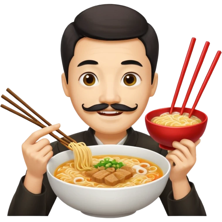 Chinese guy, yellow emoji, with long moustache smiling with ramen emoji