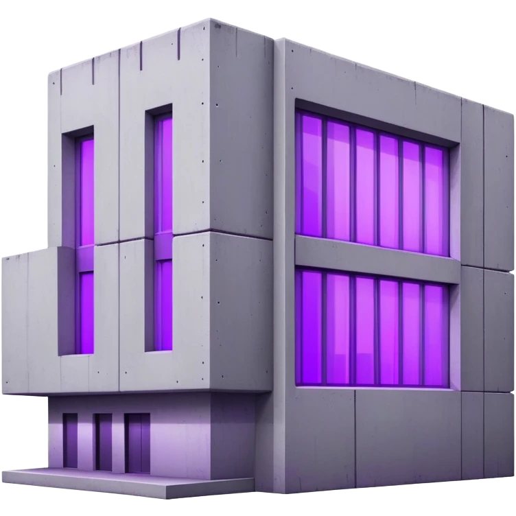 Rectangular gray concrete building with purple UV light shining from a single window, urban brutalist architecture emoji