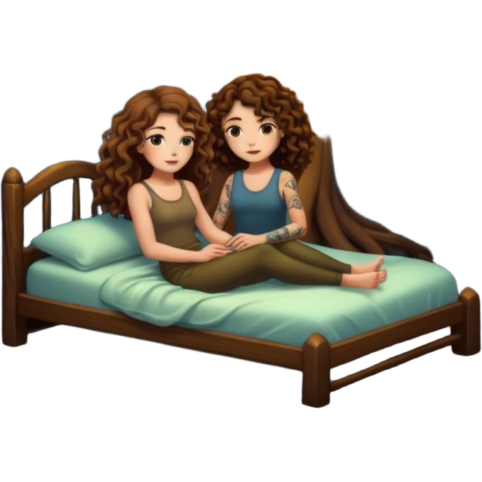 hollow tree bed — long wavy brown hair tattooed woman and short tight curly brown hair woman — firefly night lights emoji