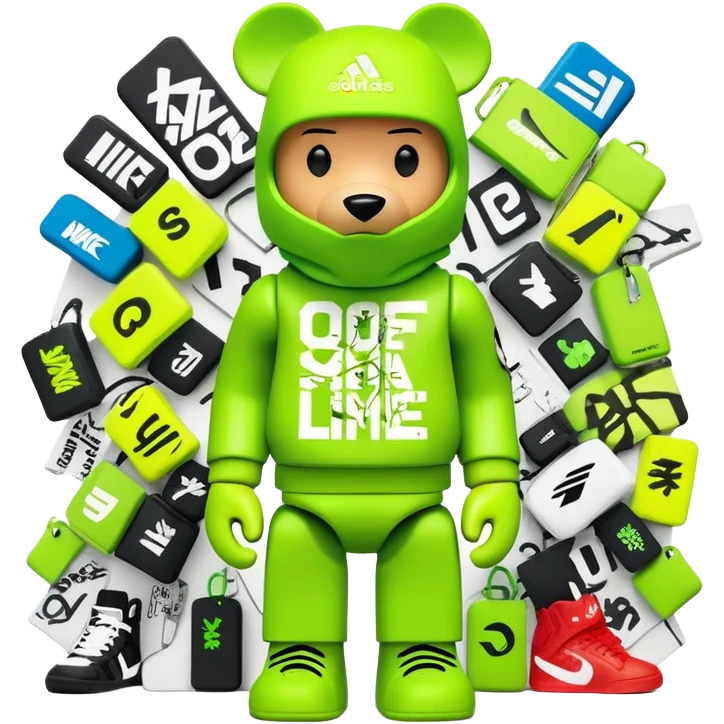 geometric bearbrick toy wearing a lime green balaclava completely covered with chaotic streetwear brand logos, graffiti-style tags, Nike, Adidas, Supreme, Off-White all mixed together in urban style, aggressive look emoji