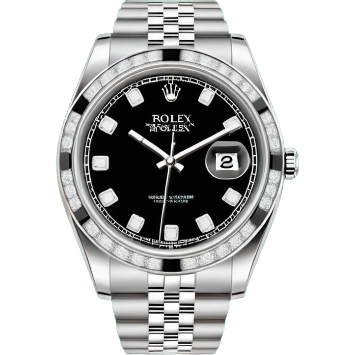 "Flat design emoji icon of a luxury silver Rolex Datejust watch, fully iced out with diamonds on the case and Jubilee bracelet, diamond pavé dial with black Roman numerals, isolated on a green circular background, clean vector style, high resolution." emoji
