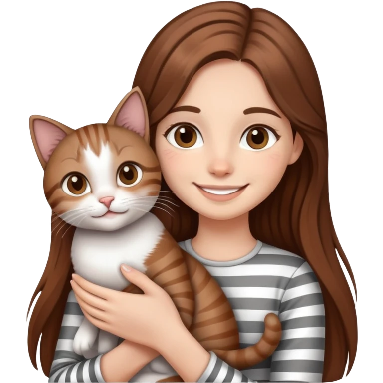smiling girl with long hair holding a cat with silver stripes emoji
